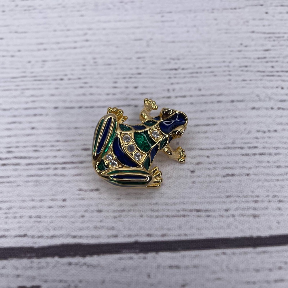 Vintage Small Gold Frog Fashion Pin/Brooch Clear Rhinestones Blue/Green